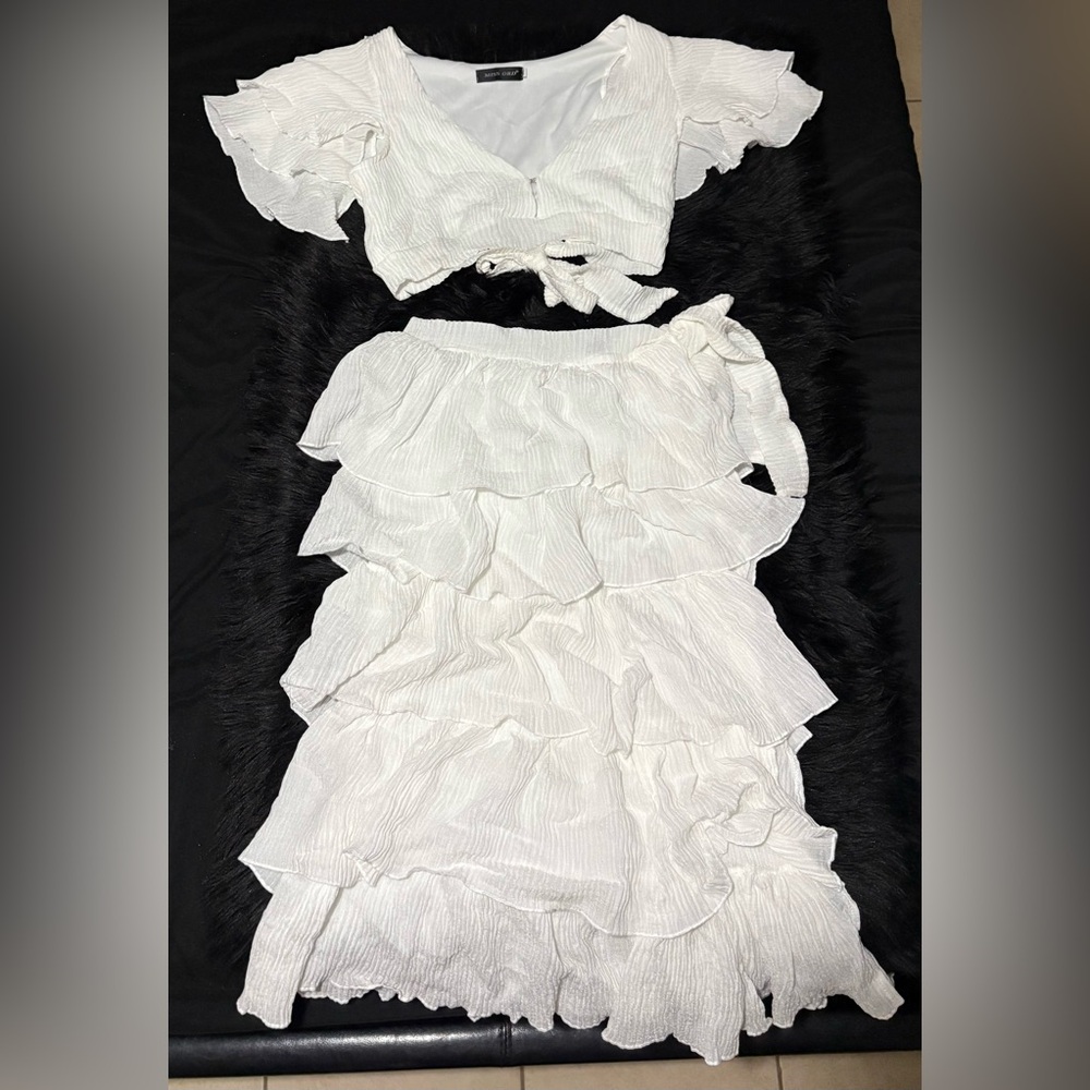 Elegant White Ruffled Midi Skirt Set beach cover up